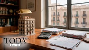 Mesa de despacho con llaves, maqueta de edificio, calculadora y documentos fiscales, con edificios de viviendas de Barcelona al fondo